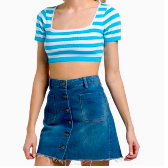Zara Blue & White Striped Crop Top, NWOT Size L - Picture 2 of 7